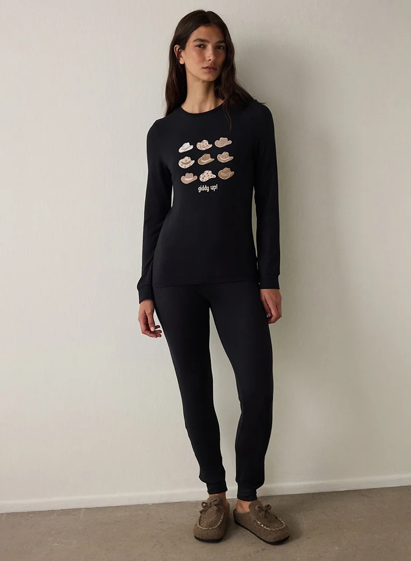 Penti Lana Slogan Printed Crew Neck Pajama Set